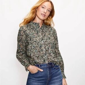 Loft Floral Cotton Long Sleeve Mock Neck Blouse Size XL